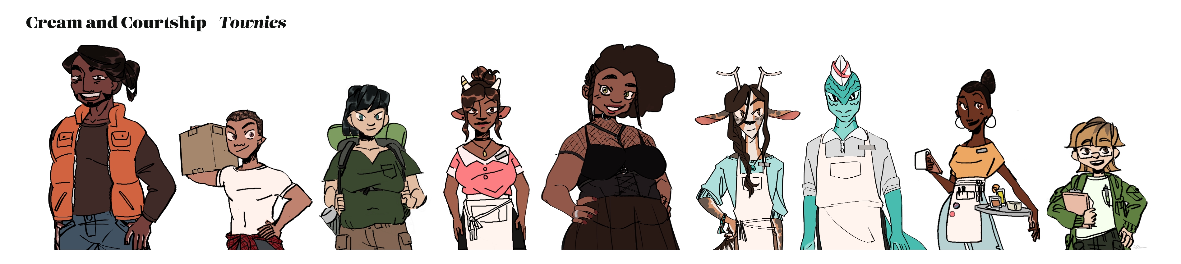 Lineup for the side characters of the farm dating sim ''Cream and Courtship''.